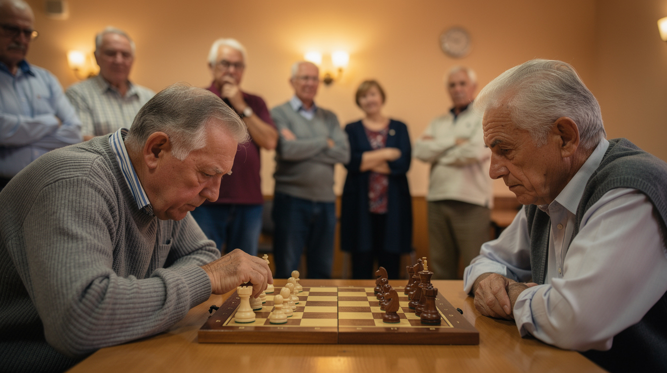 Senior men playing chess at a club tournament