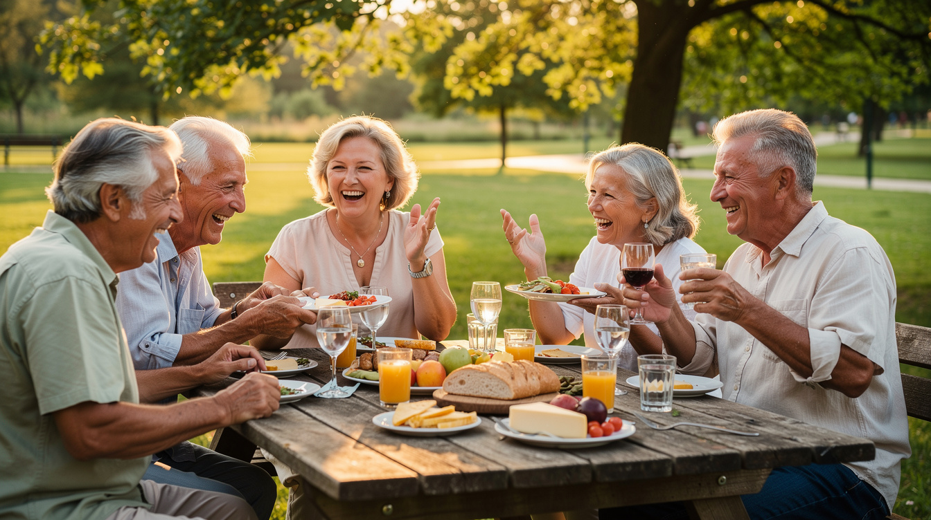 Group of smiling active Croatian seniors enjoying a picnic outdoors
