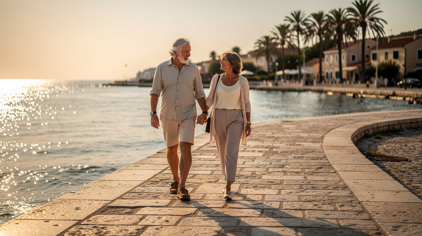 Senior couple walking along the Adriatic coastal promenade