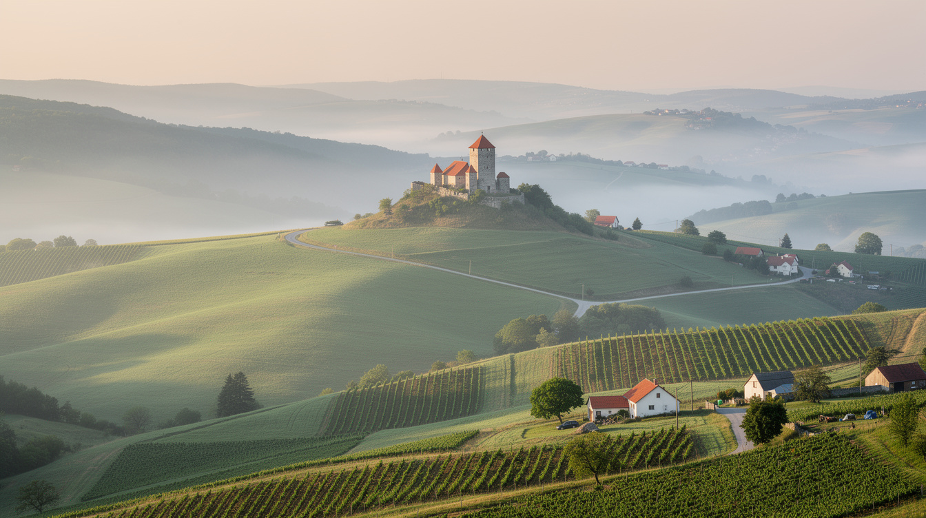 Green rolling hills and a hilltop castle in Zagorje Croatia