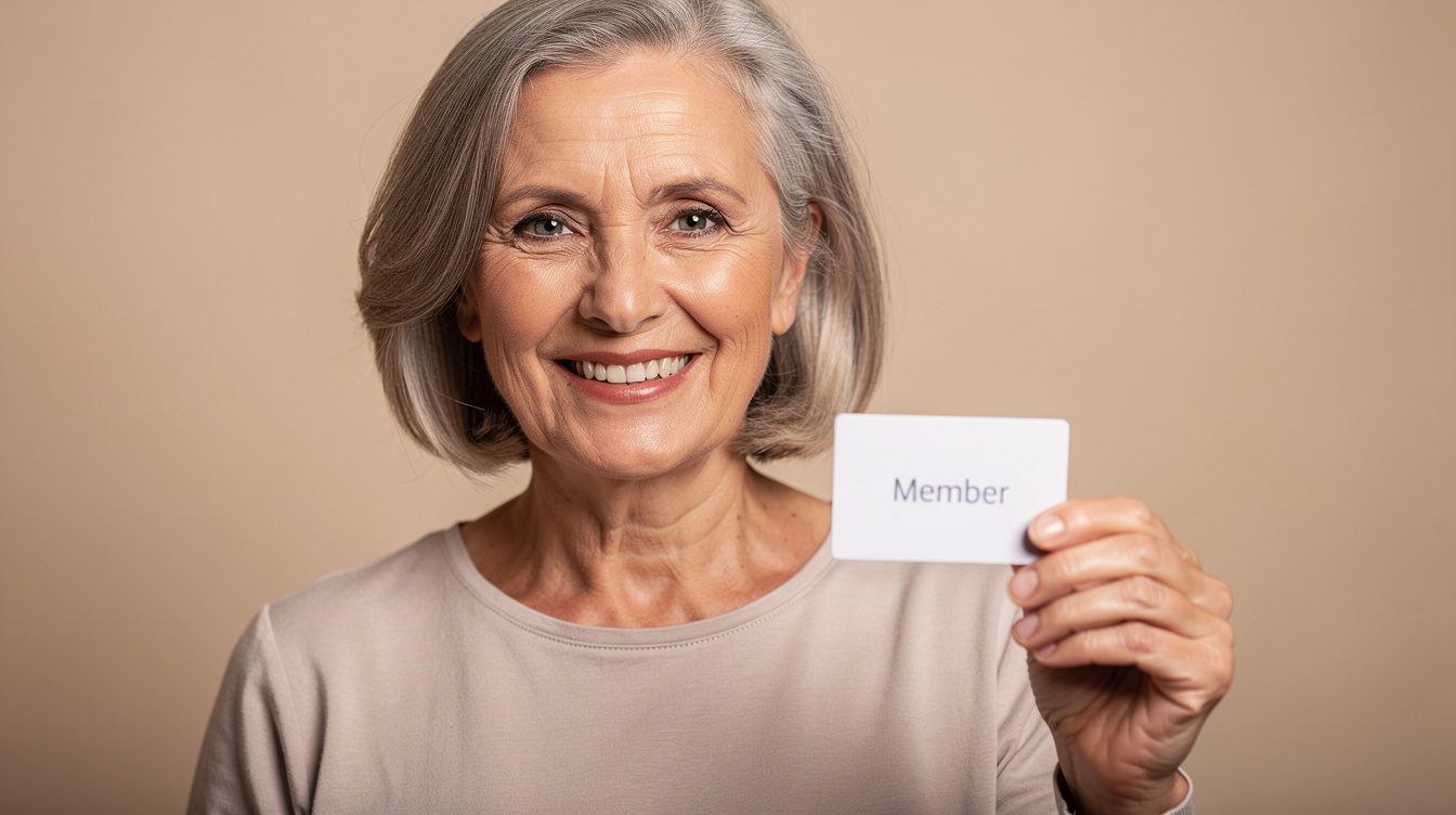 Smiling senior woman holding a membership card